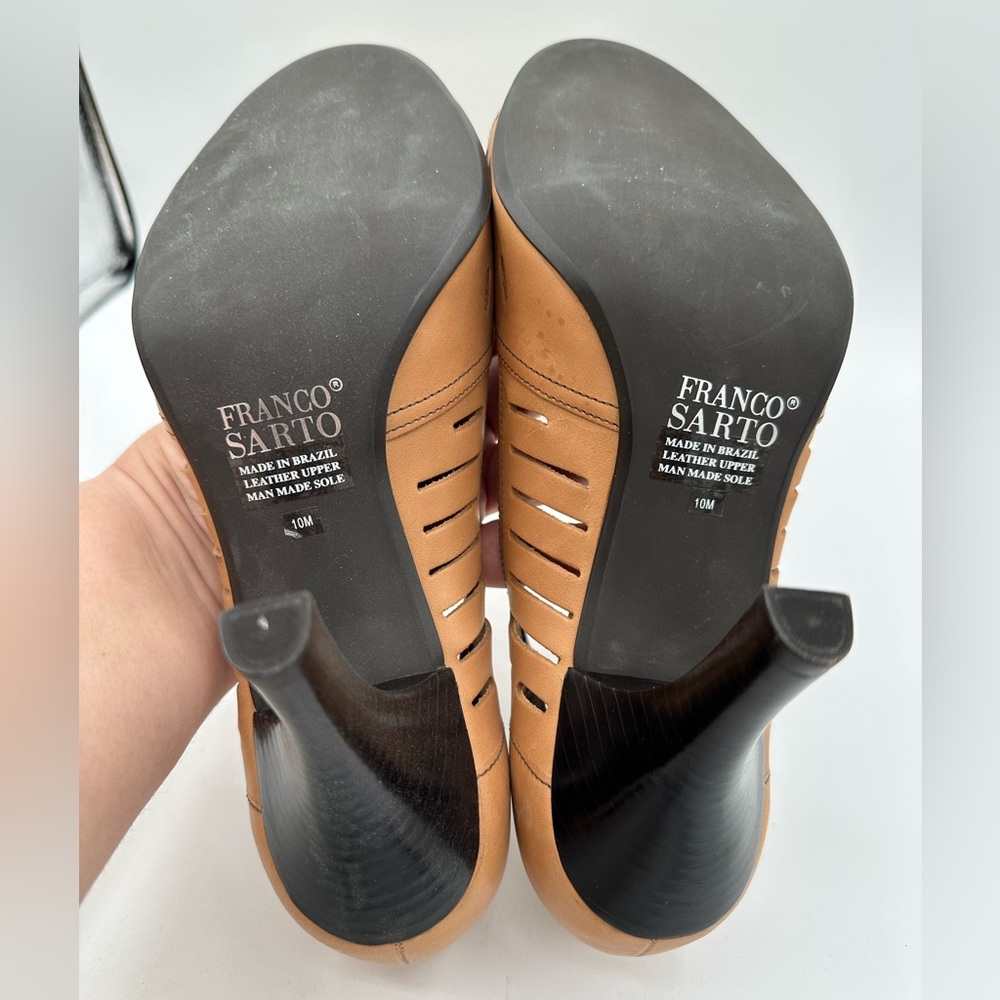 FRANCO SARTO Tan Cutout Leather Peep Toe Heels | Size 10 - Picture 11 of 11